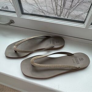 Brunello Cucinelli Taupe-Beige Leather Flip Flop Sandals with Beaded Straps